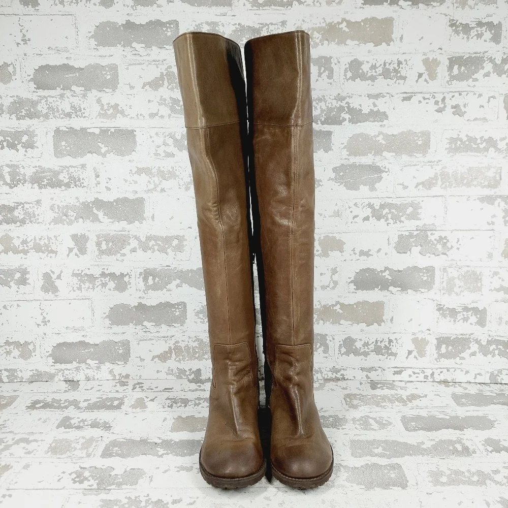 BP Brown Leather Side Zip Round Toe Low Heel Over the Knee Boots A768